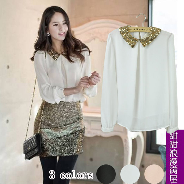 2013 autumn women's 88601 paillette peter pan collar solid color long-sleeve chiffon shirt