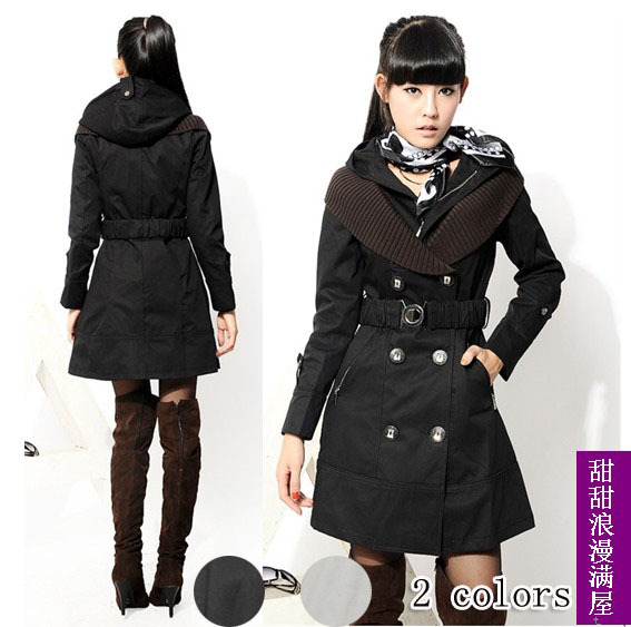 2013 autumn women's 92819 quality slim waist faux two piece design hooded long trench outerwear