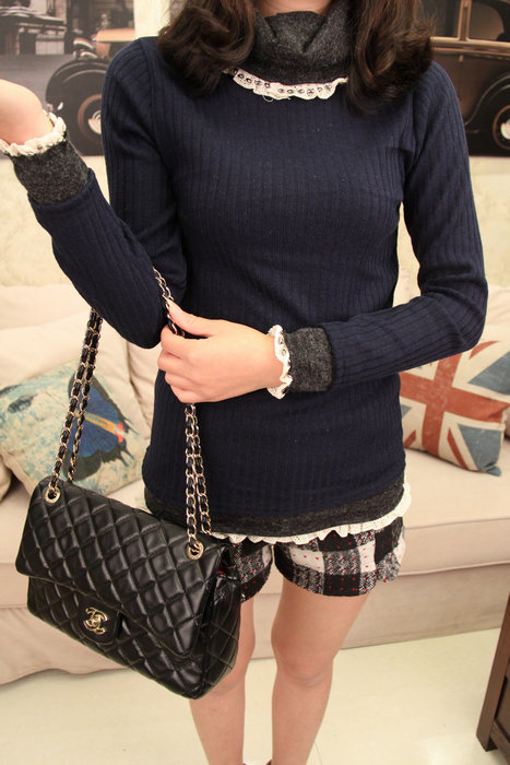 2013 autumn women's beading lace decoration slim turn-down collar faux two piece colorant match turtleneck sweater basic