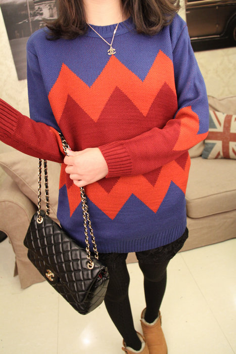 2013 autumn women's color block stripe color block wave o-neck decoration loose pullover long-sleeve sweater