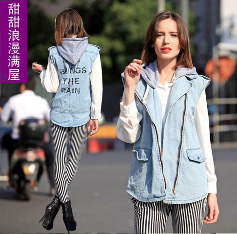 2013 autumn women's fashion d91011 real pictures with model with a hood light blue sleeveless denim outerwear