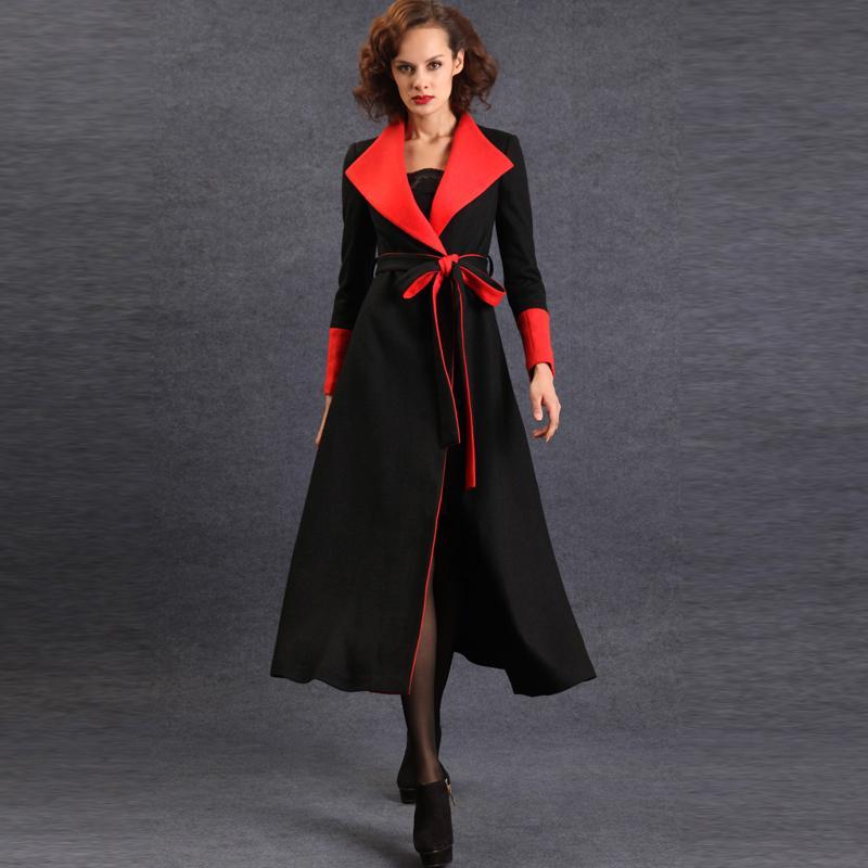 2013 autumn women's new arrival turn-down collar color block slim long design woolen trench fy-717