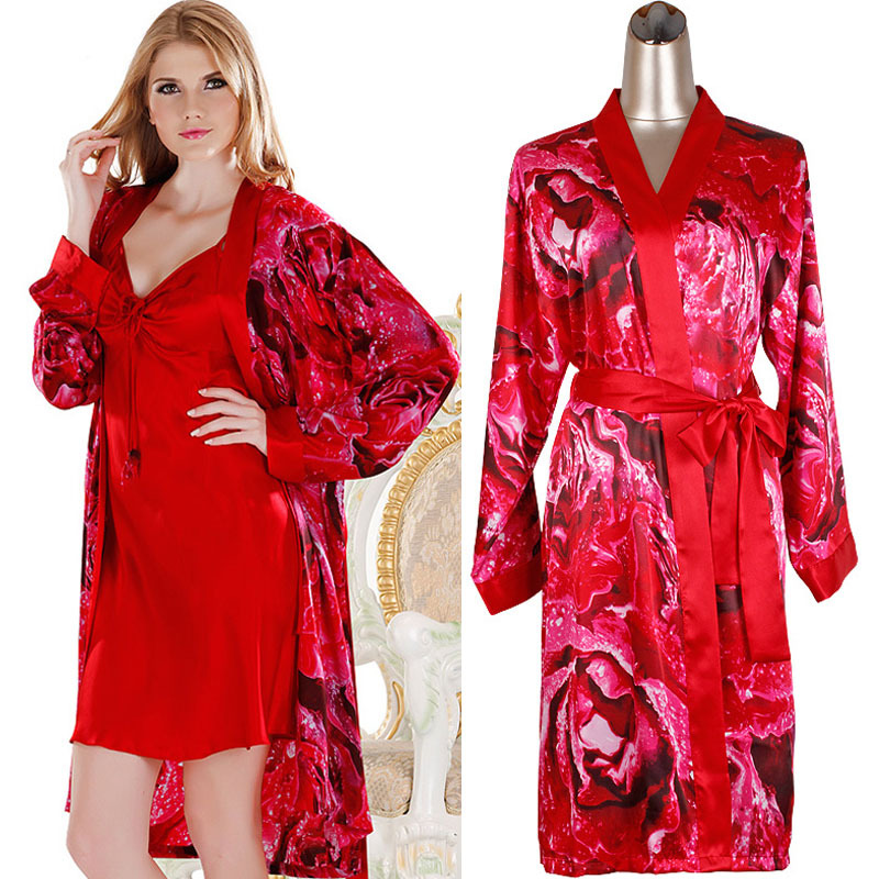 2013 autumn women's silk satin robesets sexy spaghetti strap sleepwear red floral natural eco-friendly thickness free shipping