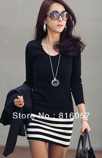 2013 autumn women's slim basic skirt stripe slim hip long-sleeve spring and autumn one-piece dress