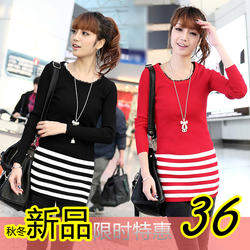 2013 autumn women's slim medium-long lace collar stripe basic shirt long-sleeve sweater dress