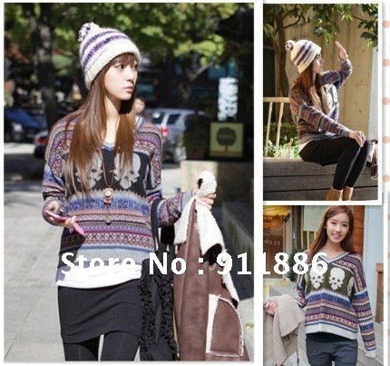 2013 Autumn Women Sweater Clothing Arrival / New Ladies SKULL Sweater/ Brief Paragraph V-Neck/Trendy Knit Sweater /Free Shipping