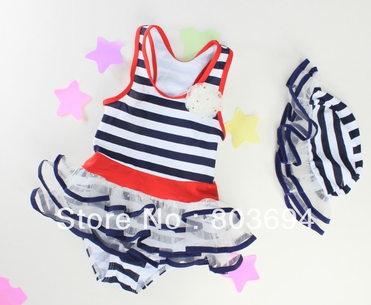 2013 baby cute swimwear kids stripes ruffles swimwear  girl  fashion swimwear (hat+swimwear )  5set/lot 201302