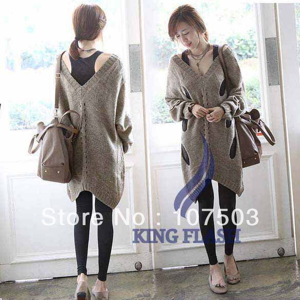 2013 Batwing Sleeve Cotton long V-neck Irregular lap Loose Hollow Out Knitted Sweaters Shirts Smock Grey free shipping 8774