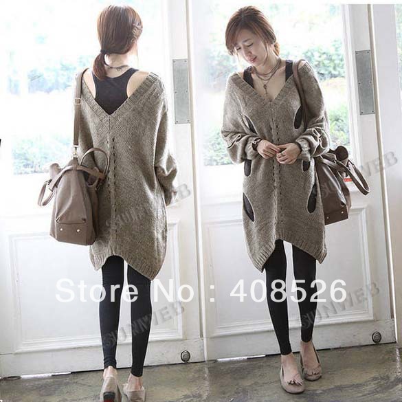 2013 Batwing Sleeve Cotton long V-neck Irregular lap Loose Hollow Out Knitted Sweaters Shirts Smock Grey free shipping 8774