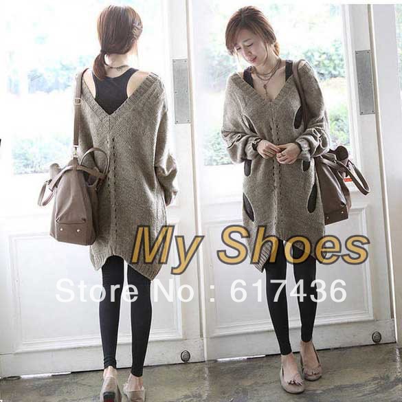 2013 Batwing Sleeve Cotton long V-neck Irregular lap Loose Hollow Out Knitted Sweaters Shirts Smock Grey free shipping 8774