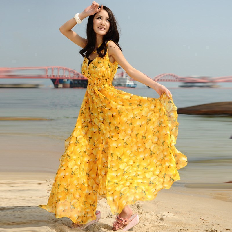 2013 beach dress beach skirt V-neck slim bohemia full dress chiffon one-piece dress