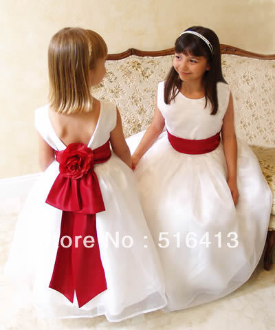 2013 beaded children's clothing satin ball gown v-neck hatter top dresses with red belt+big bow for girls wedding and prom wear