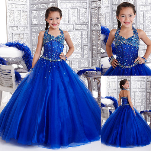 2013 beautiful dresses girl evening dress kids children's gown organza a line halter floor length royal blue long diamond