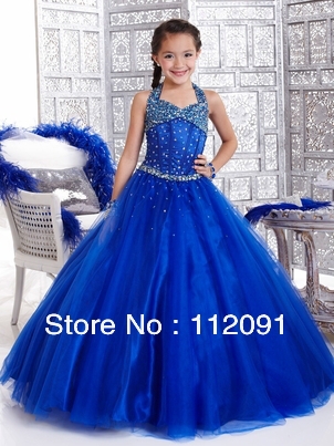 2013 Beautiful Halter Off The Shoulder Sleeveless Blue  Floor-Length Ball Gown Girl Pageant Dress
