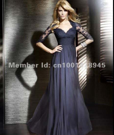2013 Beautiful Sweetheart Lace Bodice Chiffon Long Evening Dress with Sleeves Formal Gown
