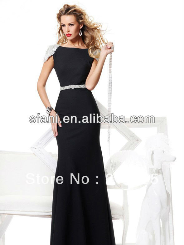 2013 best seller cap sleeve empire waist black evening gowns