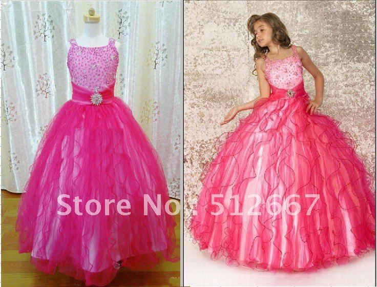 2013 Best-selling Hot Pink Fuchsia Tulle Beads Lace-up Girls Pageant Dresses Flower Girl Dress hulk58