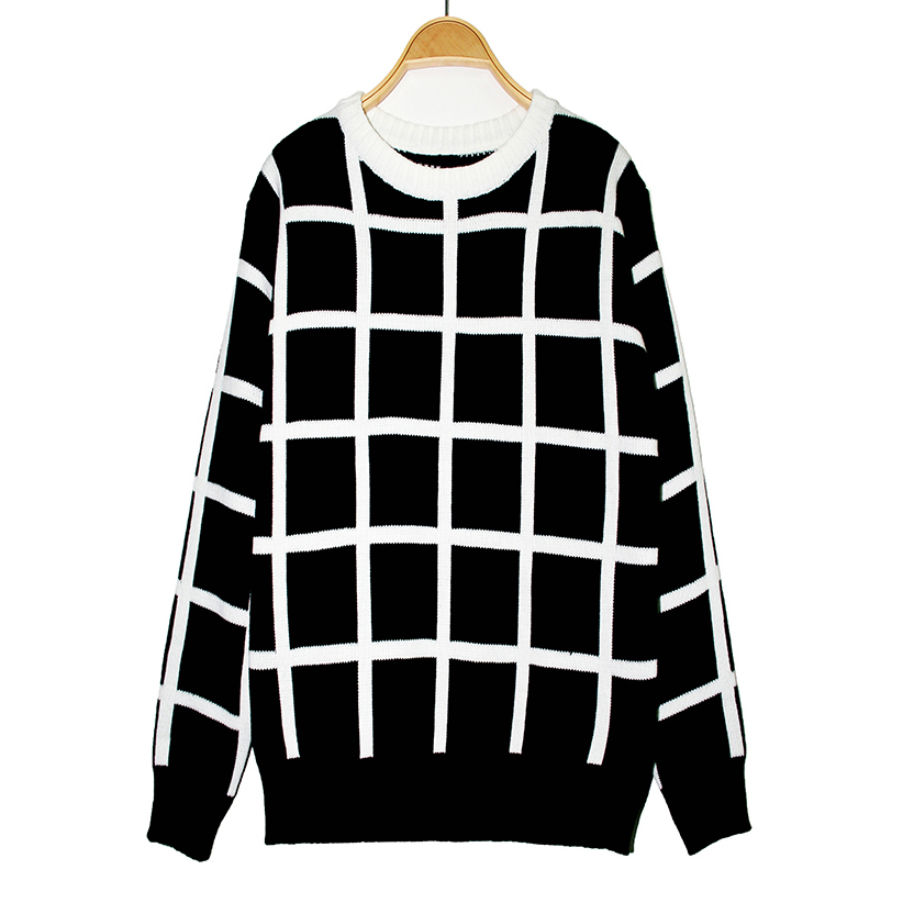 2013 black-and-white plaid fashion vintage double layer thickening basic sweater pullover loose sweater female