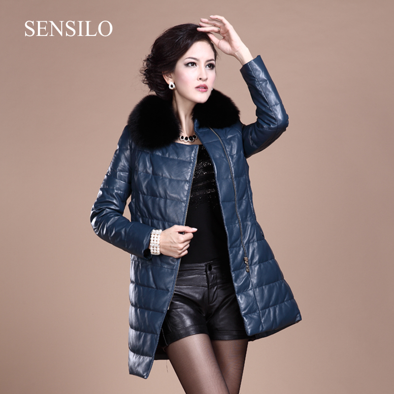 2013 black/blue women's winter genuine leather down leather clothing fox fur slim long design leather clothing outerwear s527