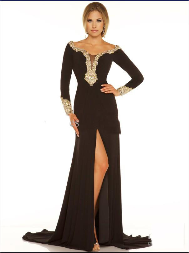 2013 Black Evening dress Shine Classic Mac Duggal Black Jersey Off The Shoulder Pageant Dress