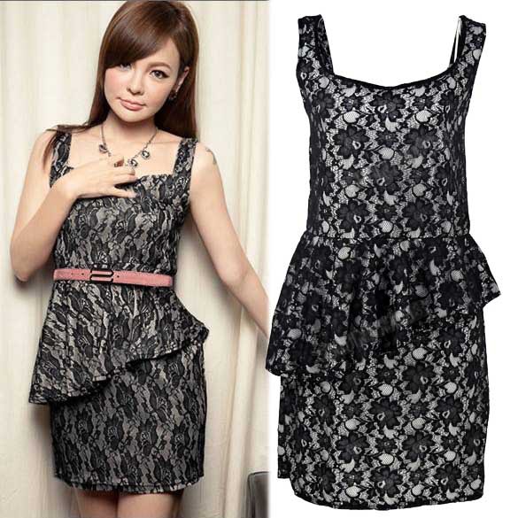 2013 Black New Style Women's Classical Oblique Hemlines Wide Straps Sleeveless Mini Lace Dress free shipping 9744