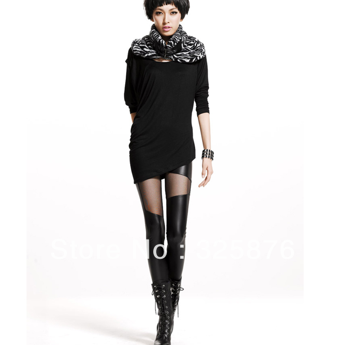 2013 Black Tight Woman Lady Irregular stitching personality Leather + Gauze Leggings trousers Sexy Pants  T-063