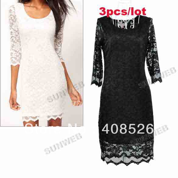 2013 Black White Sexy Women Ladies O-neck Mini Slim Lace Dress Clubwear Half Sleeve free shipping 9432