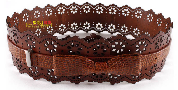 2013 bow belt female genuine leather laser carved one-piece dress belt fashion cutout cummerbund bow