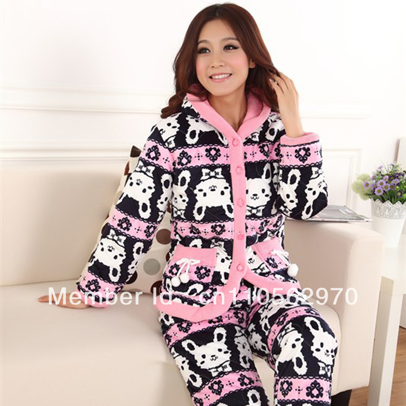 2013 Brand New Woman's Thickening Coral Cashmere Hooded Cartoon Cat Printing Home Service Super Soft Pajamas Free Shipping