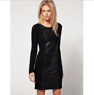2013 Brand Women's Fashion Patchwork Leather Skirt Vintage One-Piece Dresses Free Shipping