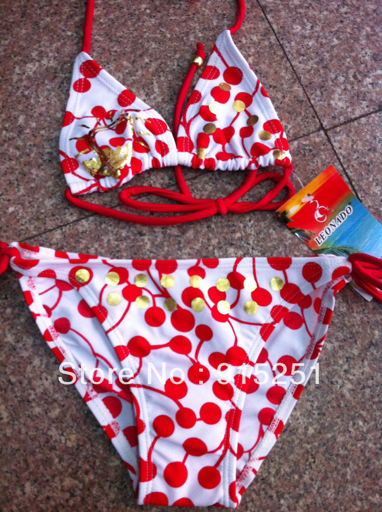 2013 branded girls 2 piece bikini swimsuit  cute cherry graphic girl swimwear children's cartoon suit free shipping