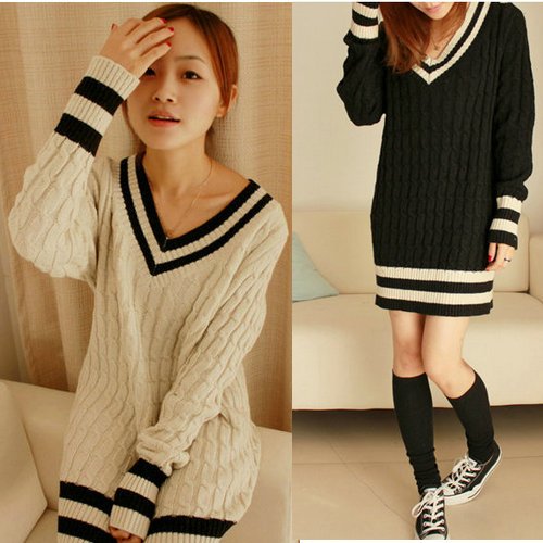 2013 british style color block stripe medium-long V-neck decoration twist sweater loose