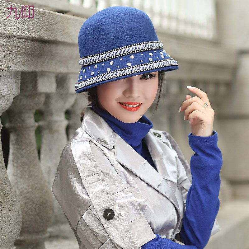 2013 casual all-match diamond-studded winter hat pure wool small billycan dome women's fedoras autumn and winter basin hat