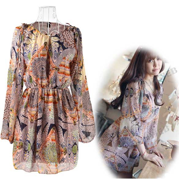 2013 Casual Elegant Women's Vintage Style Long Sleeve Floral Bottoming Chiffon Dress free shipping 9750