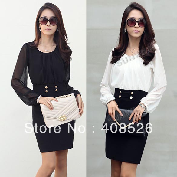 2013 Casual Fashion Women's Slim Round Collar Long Sleeve Slim Chiffon Dress Black, White free shipping 10127