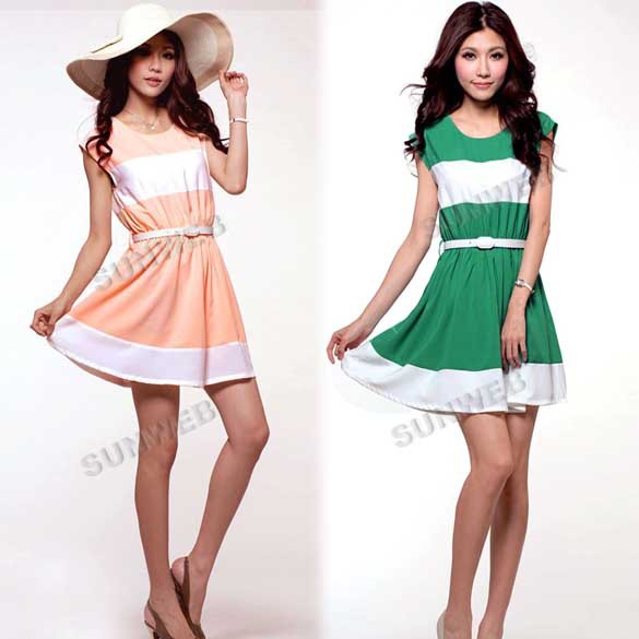 2013 Casual Women's Cotton Sleeveless Dress Round Neck Vest Dress With Belt Pink/Green free shipping 10255