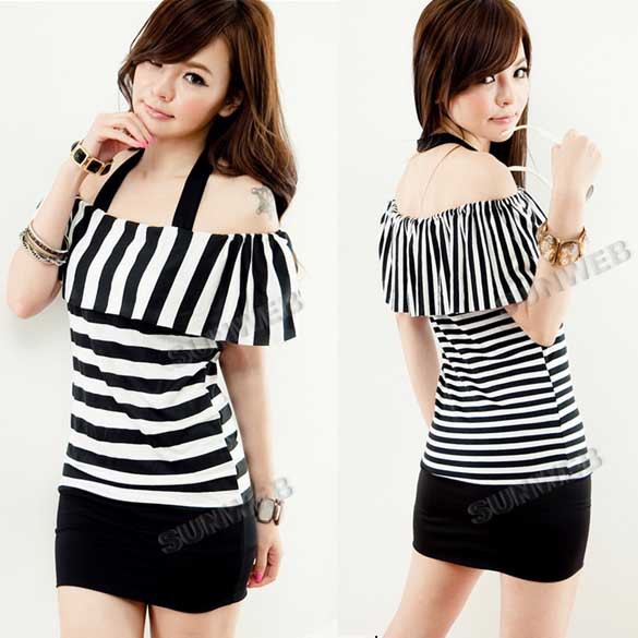 2013 Casual Women's Sexy Halter-neck Off-Shoulder Over Hip Flouncing Mini Stripe Dress free shipping 11017