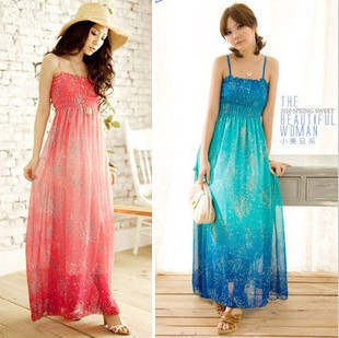 2013 chiffon full dress bra skirt beach dress gradient bohemia one-piece dress