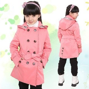 2013 children clothes spring and autumn hooded double breasted long trench female child design outerwear top female child