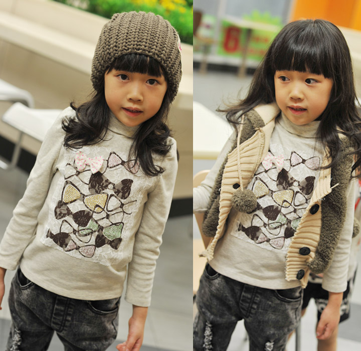 2013 children's autumn and winter clothing - female child yarn lace bow turtleneck sweatshirt basic shirt