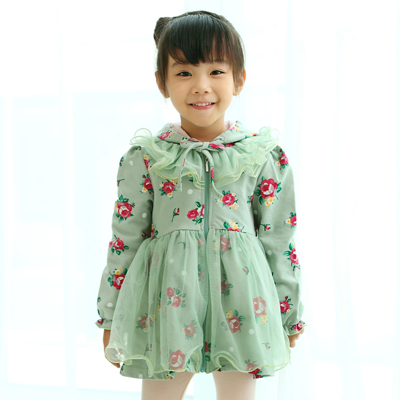 2013 children's clothing autumn child green with a hood outerwear female child trench outerwear