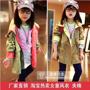 2013 children's clothing fashion female child cartoon print trench cotton-padded outerwear hot-selling 1211