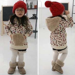 2013 children's clothing female child spring thickening medium-long plus velvet hooded sweatshirt wincey outerwear 1201