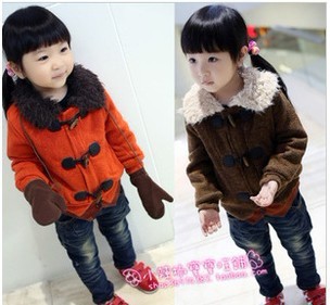 2013 children's clothing female child turn-down collar gloves blending single breasted outerwear child cotton-padded jacket