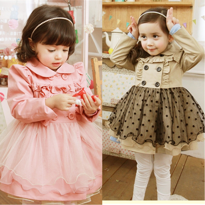 2013 children's clothing spring female child one-piece dress spring and autumn double breasted trench gauze long-sleeve skirt