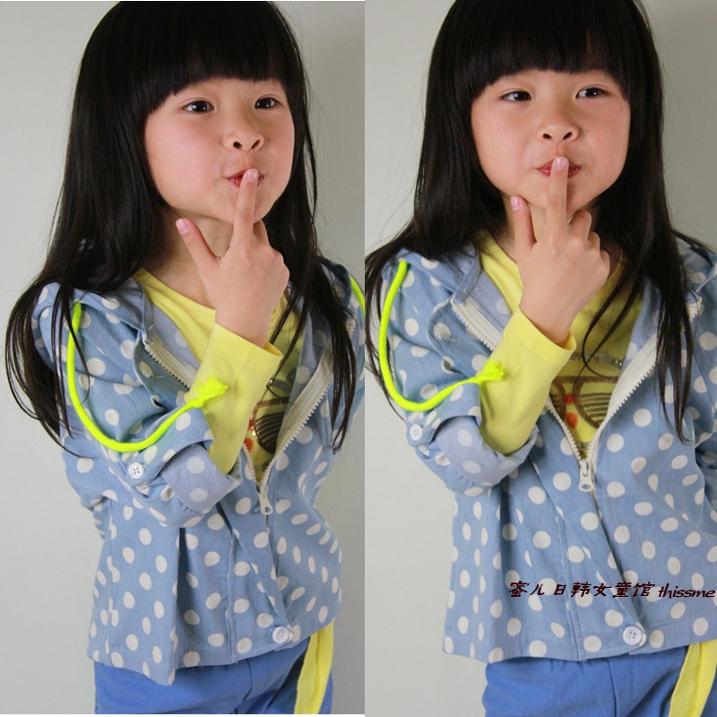2013 children's clothing spring polka dot cotton denim 100% lacing color block hooded short jacket design trench outerwear