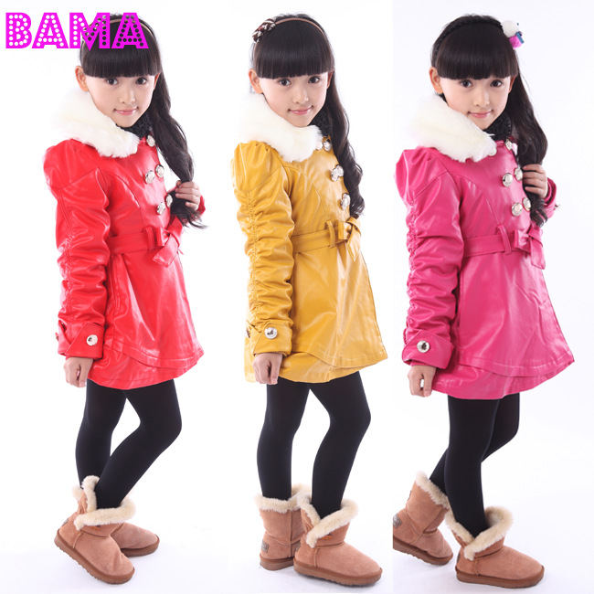 2013 children's   double breasted fur collar medium-long plus cotton leather  trench