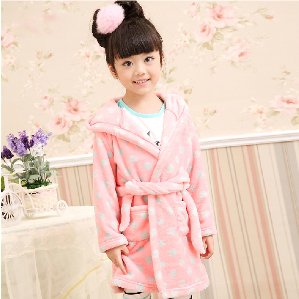 2013 children's sleepwear girls long sleeve thickening coral fleece lounge dot child robes casual homewear sweety dot print