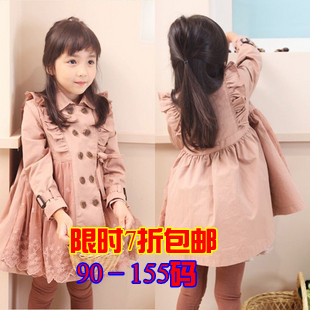 2013 children's spring and autumn clothing female child trench outerwear lace patchwork double breasted medium-long overcoat