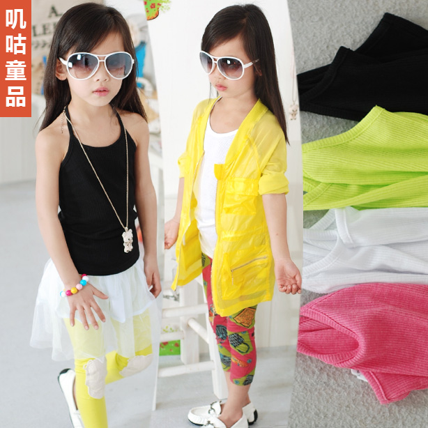 2013 children's spring and summer clothing girls mix match all-match long design spaghetti strap vest free ship